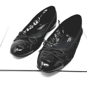 Chanel Flats CC Logo Ballerina Cap Toe Patent Leather Bow Lace Black Shoes EU 38